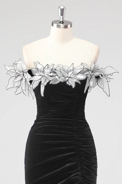 Mermaid Strapless Pleated Long Formal Dress With 3D Flowers