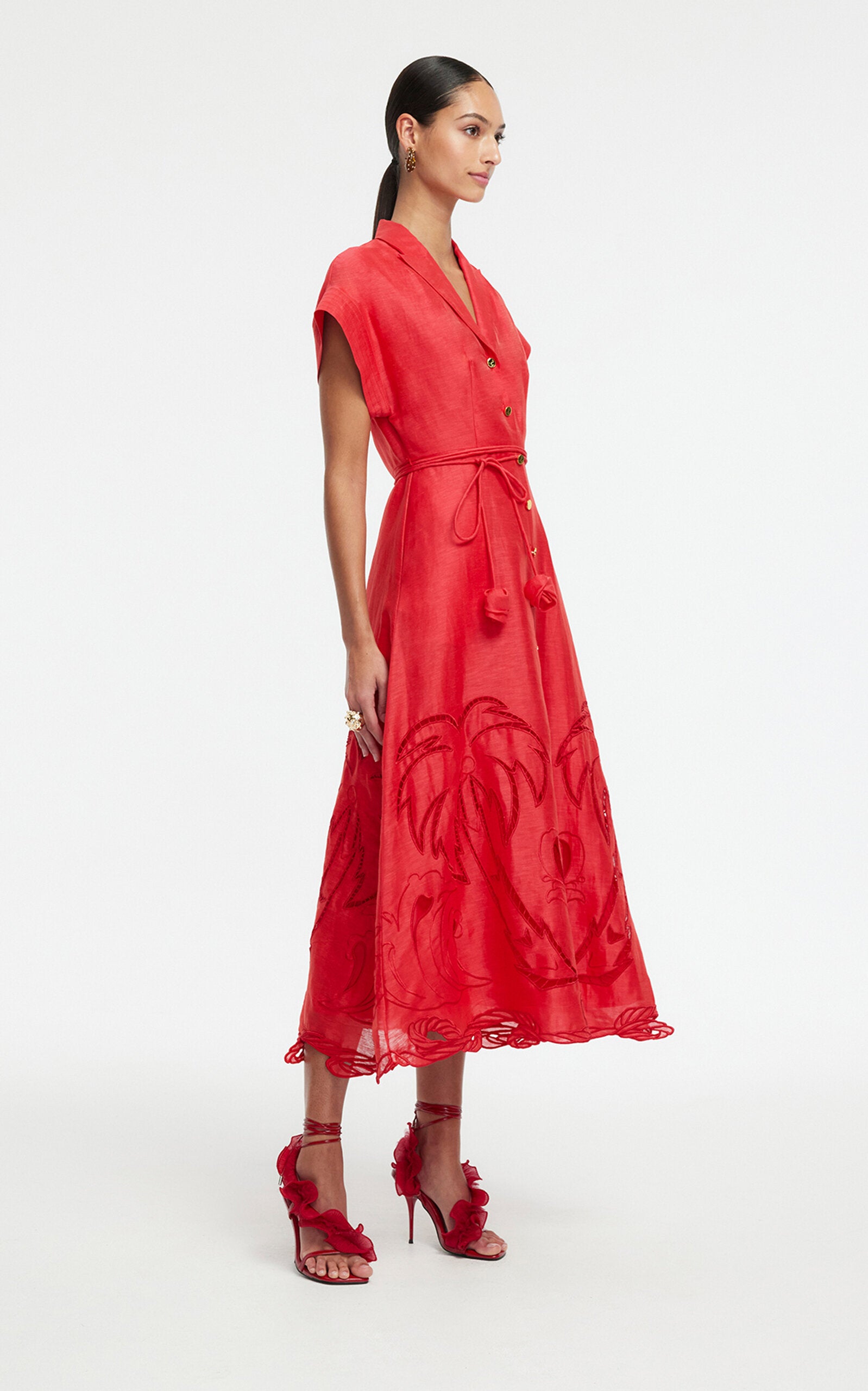 Appliquéd Linen-Blend Shirt Midi Dress Full of charm simple and atmospheric