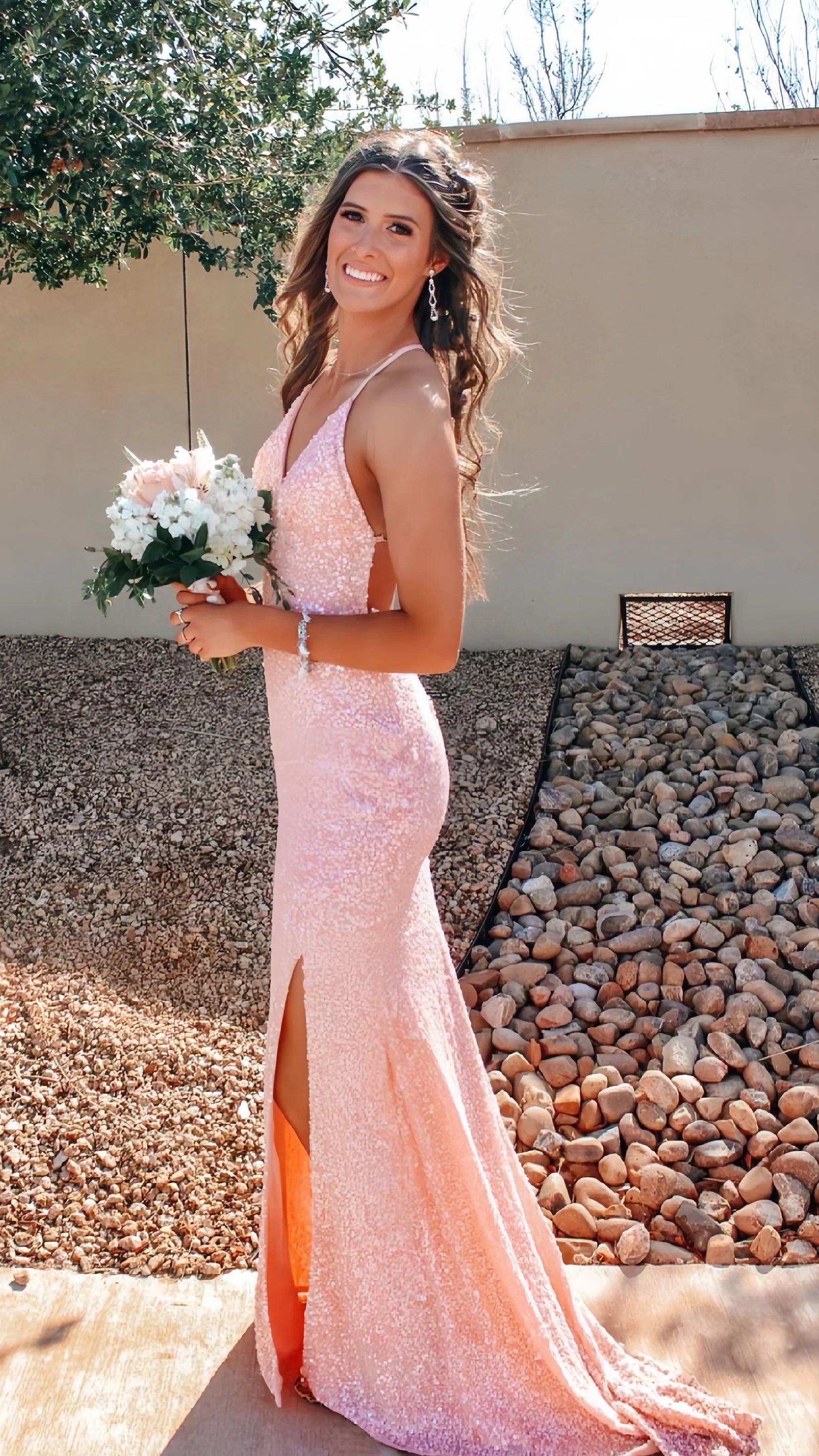 Pink Sequin Mermaid Long Evening Prom Dress Backless Party Formal Gown Simple atmospheric beautiful and unique design