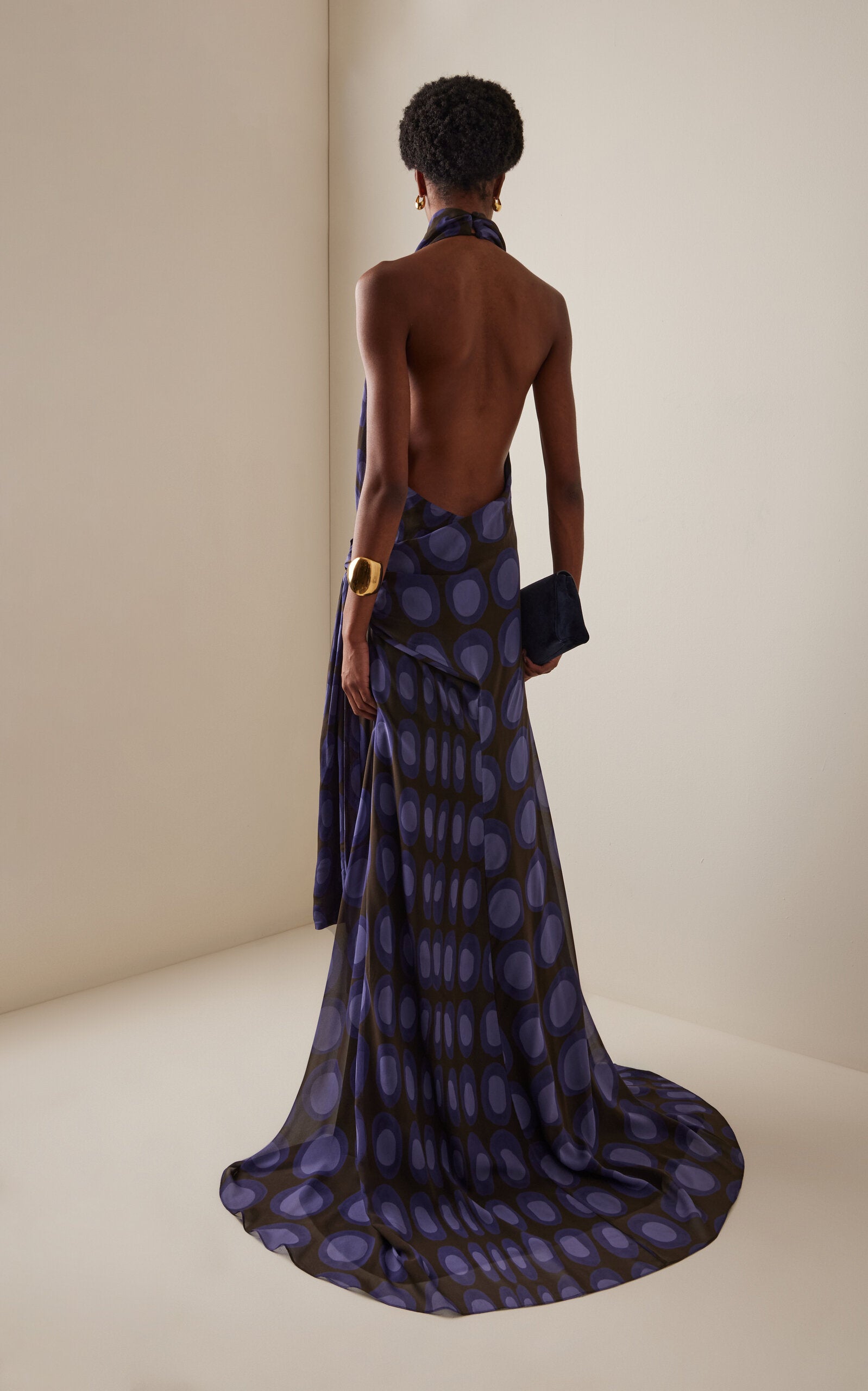 Wiggle-Dot Silk-Chiffon Sarong Maxi Halter Dress