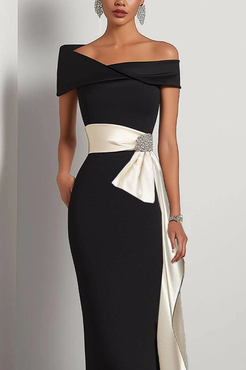 Elegant Evening Satin Dress Off-Shoulder Mermaid White Sash Rhinestone Dress