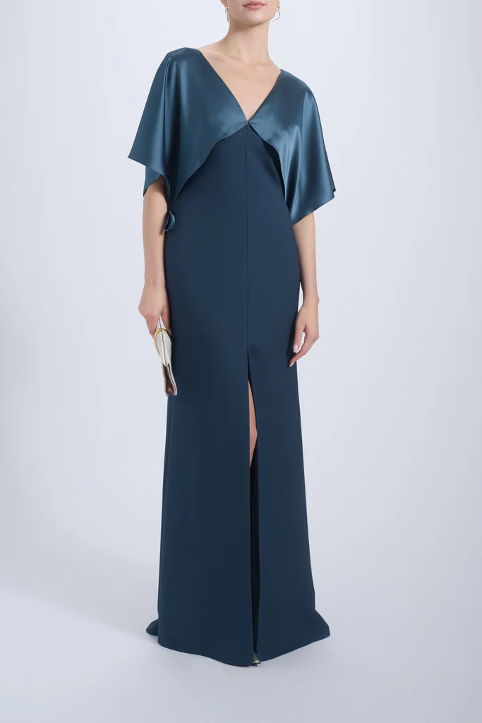 Cape Fluid Satin Gown Hammered Satin Gathered Dress Simple atmospheric beautiful and unique desig