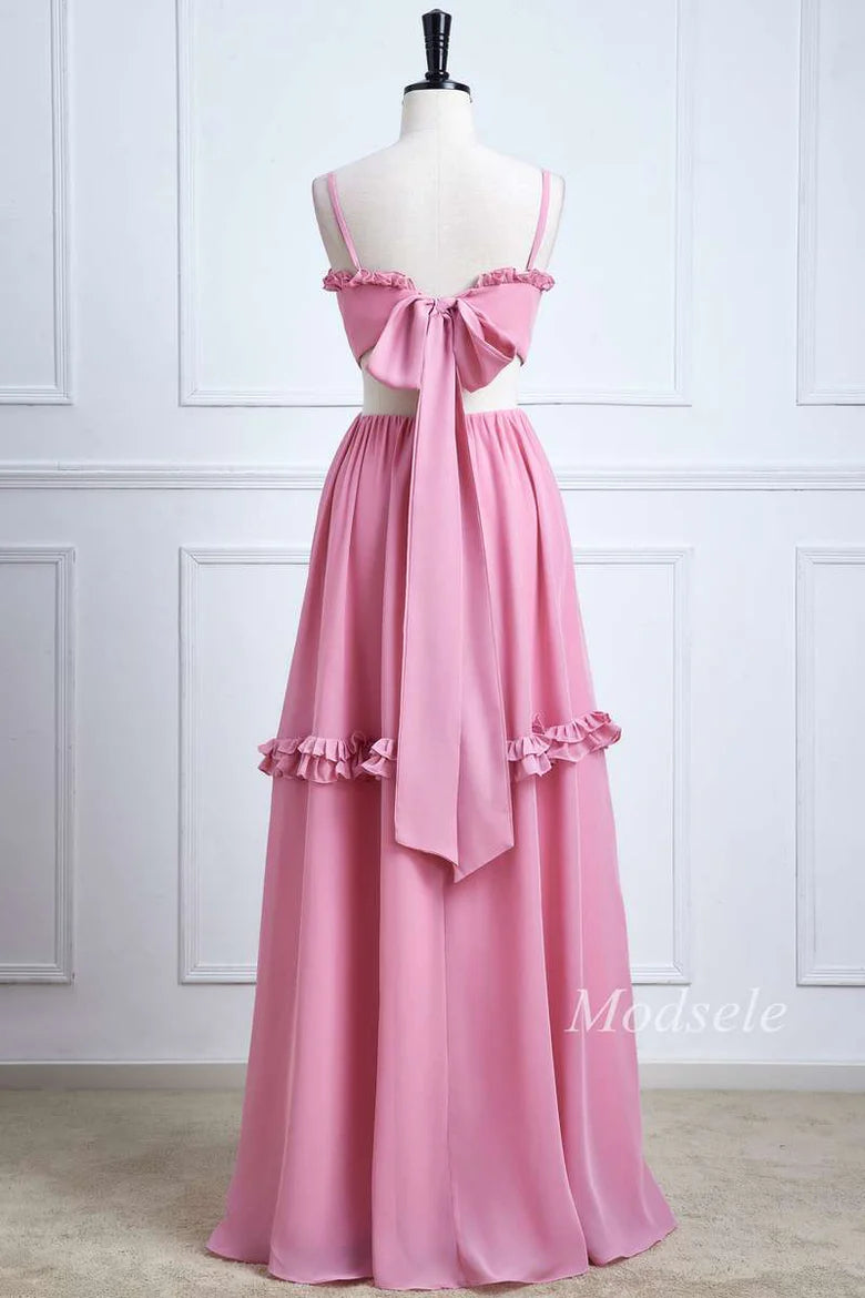 Spaghetti Strap Bow-Back Ruffle Maxi Dress