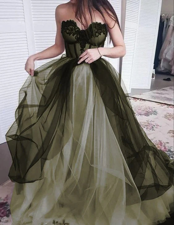 Green color sweetheart neck long prom dress evening dress