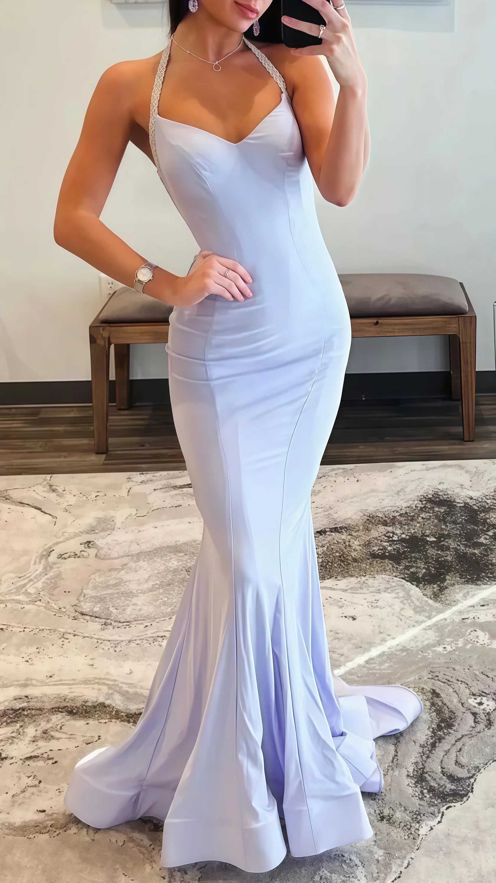 Sexy Mermaid Beautiful elegant and unique design Prom Dress Halter Lilac Mermaid Prom Dress Pearl Beaded Backless Glam Gown