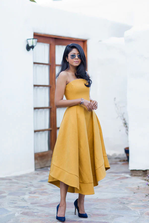 Simple yellow short prom dress satin yellow evening dress