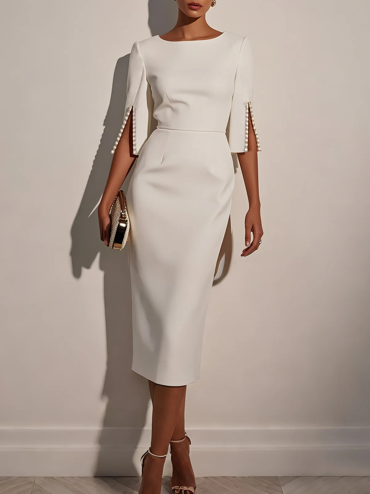 White Imitation Pearls Classic Crew Neck Half Sleeve Sheath Midi Dress