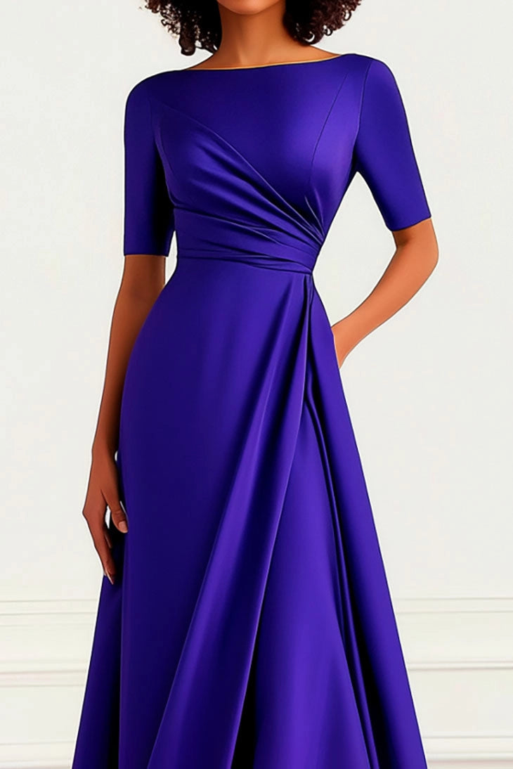 Wedding Guest Purple Dress Boat Neck Waist Pleated Slit Large Skirt Long Dress Mother of the Bride Dress Simple beautiful generous and full of charm