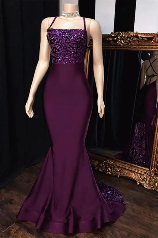 Sexy Prom Dresses Grape Mermaid Halter Satin Lace Prom Gown