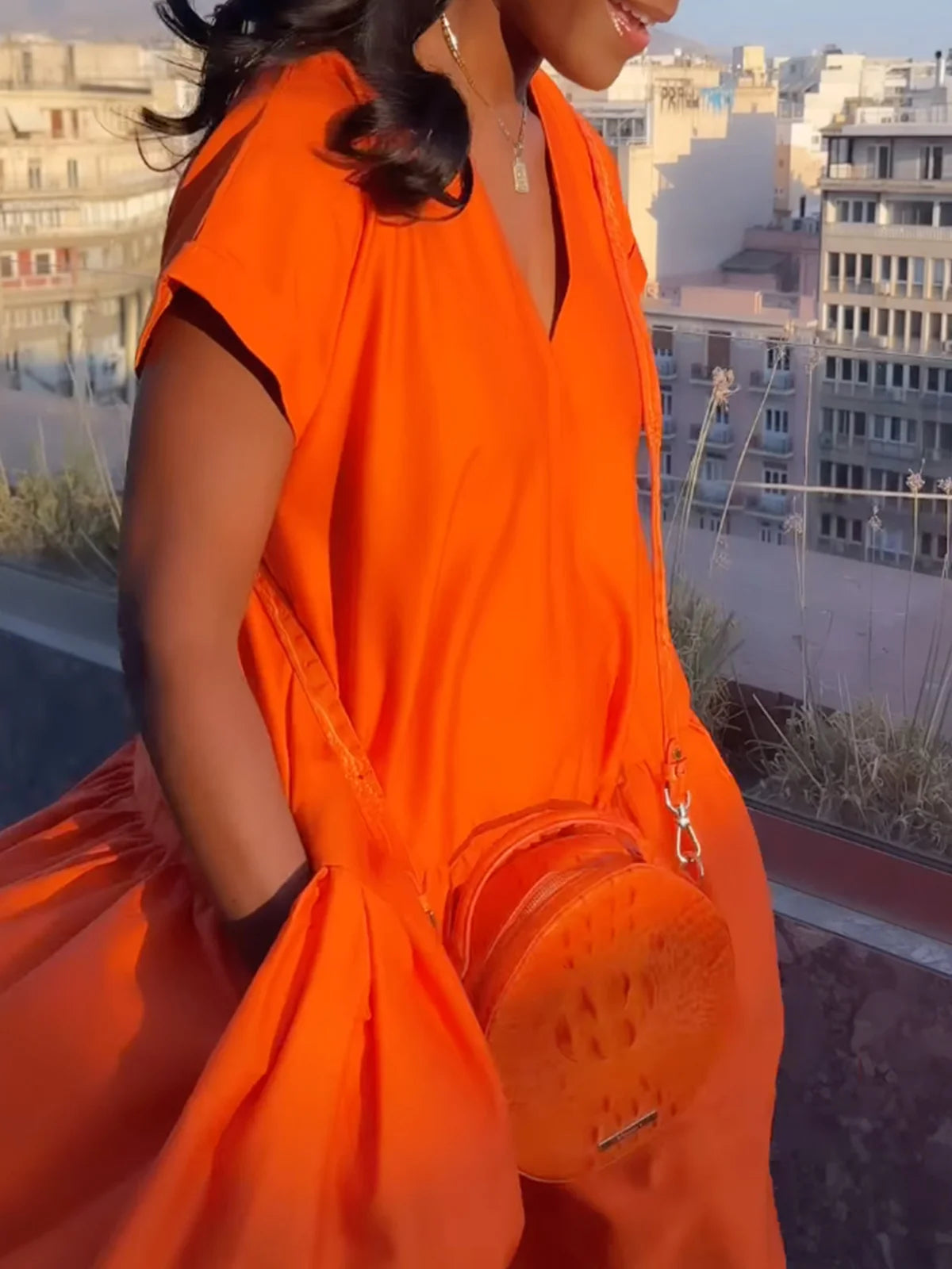 Ladies' Spring And Summer Vacation Dating Casual Loose Pockets V Neck Maxi Dress