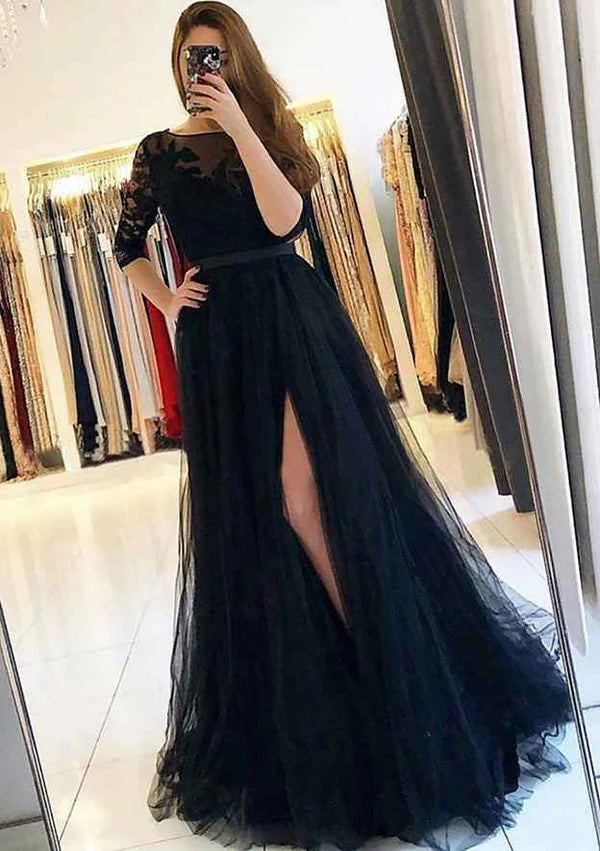 A-Line Bateau 3/4 Sleeve Prom Dress/Evening Dress With Appliqued Sweep Train Tulle Simple gentle atmospheric and unique design