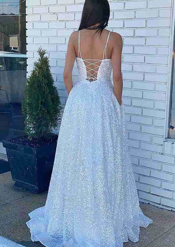 A-Line Bateau Sleeveless Sequined Prom Dress/Evening Dress with Beading Pockets Simple gentle atmospheric and unique design  ﻿