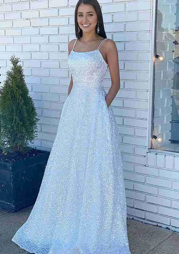 A-Line Bateau Sleeveless Sequined Prom Dress/Evening Dress with Beading Pockets Simple gentle atmospheric and unique design  ﻿