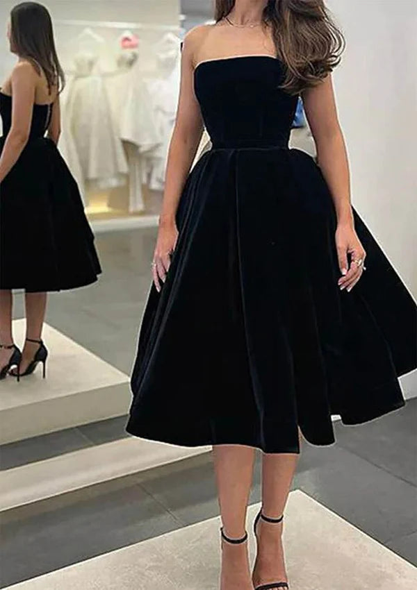 A-Line Bateau Strapless Velvet Tea-Length Prom Dress/Evening Dress Simple gentle atmospheric and unique design
