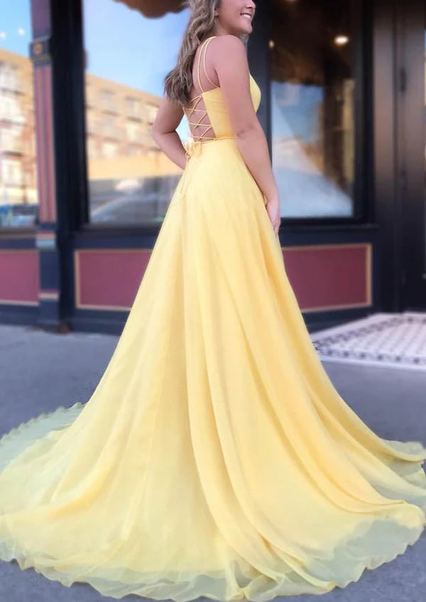 A-Line Beautiful Spaghetti Straps Chiffon Prom Dress/Evening Dress with Sweep Train Simple gentle atmospheric and unique design