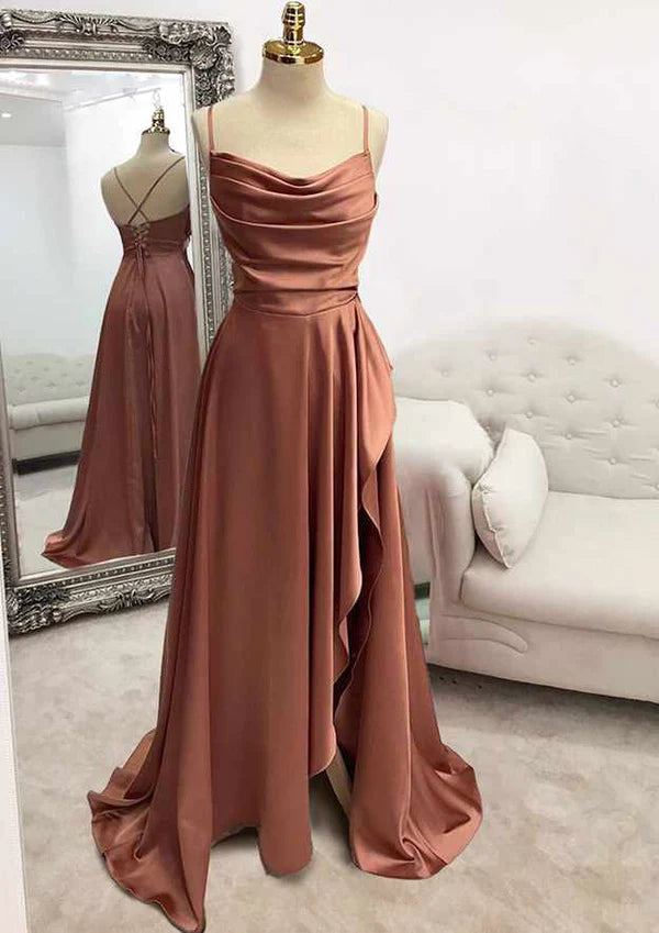 A-Line Beautiful Spaghetti Straps Long/Floor-Length Satin Prom Dress/Evening Dress with Pleated Split Simple gentle atmospheric and unique design  ﻿