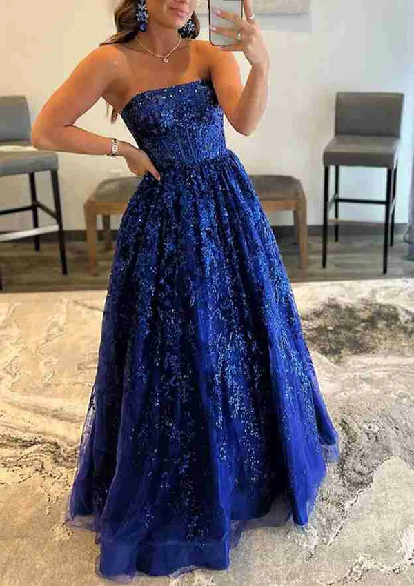 A-Line Beautiful Strapless Laced Prom Dress/Evening Dress with Pockets for Special Occasions Simple gentle atmospheric and unique design