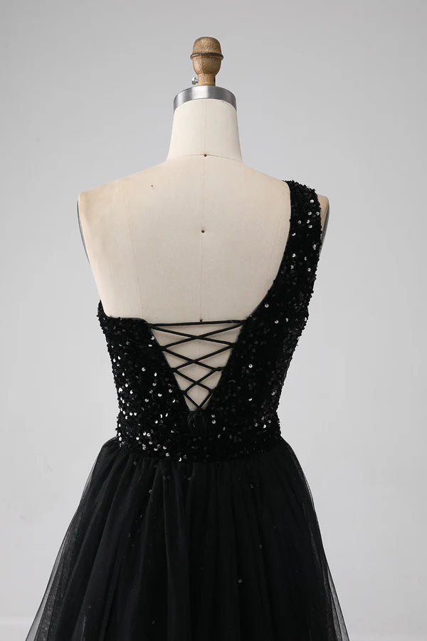 A-Line Black One Shoulder Sequins Prom Dress simple gentle atmospheric and unique desi
