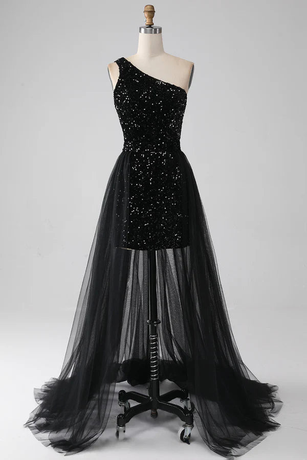 A-Line Black One Shoulder Sequins Prom Dress simple gentle atmospheric and unique desi