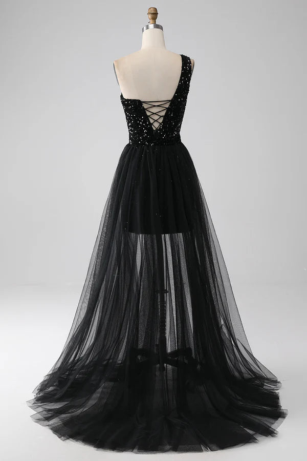 A-Line Black One Shoulder Sequins Prom Dress simple gentle atmospheric and unique desi