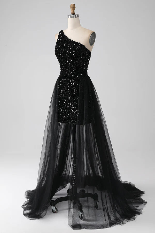 A-Line Black One Shoulder Sequins Prom Dress simple gentle atmospheric and unique desi