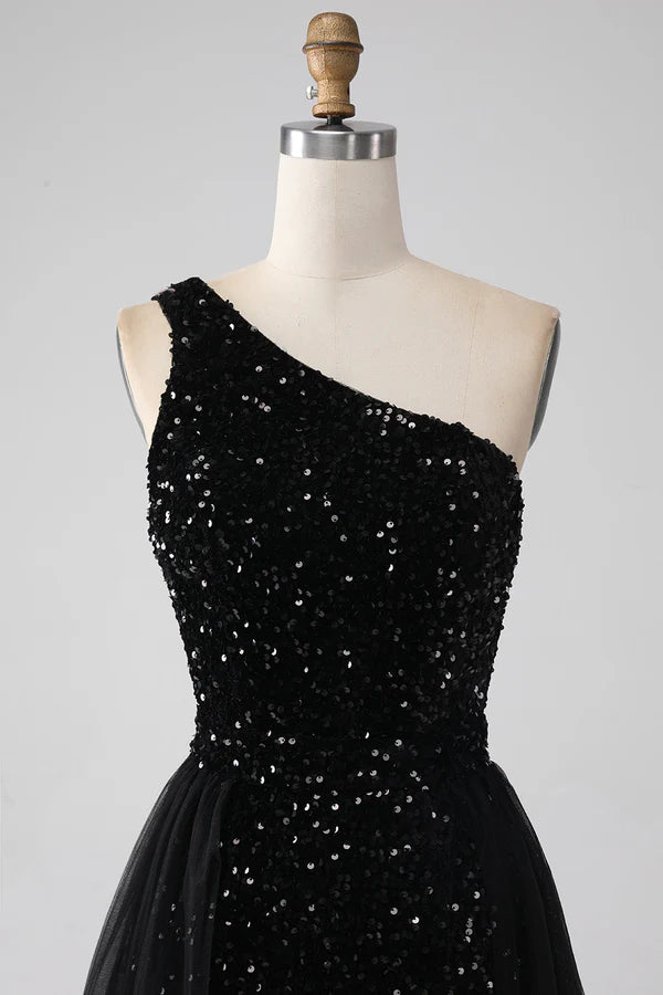 A-Line Black One Shoulder Sequins Prom Dress simple gentle atmospheric and unique desi