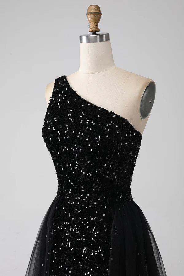 A-Line Black One Shoulder Sequins Prom Dress simple gentle atmospheric and unique desi