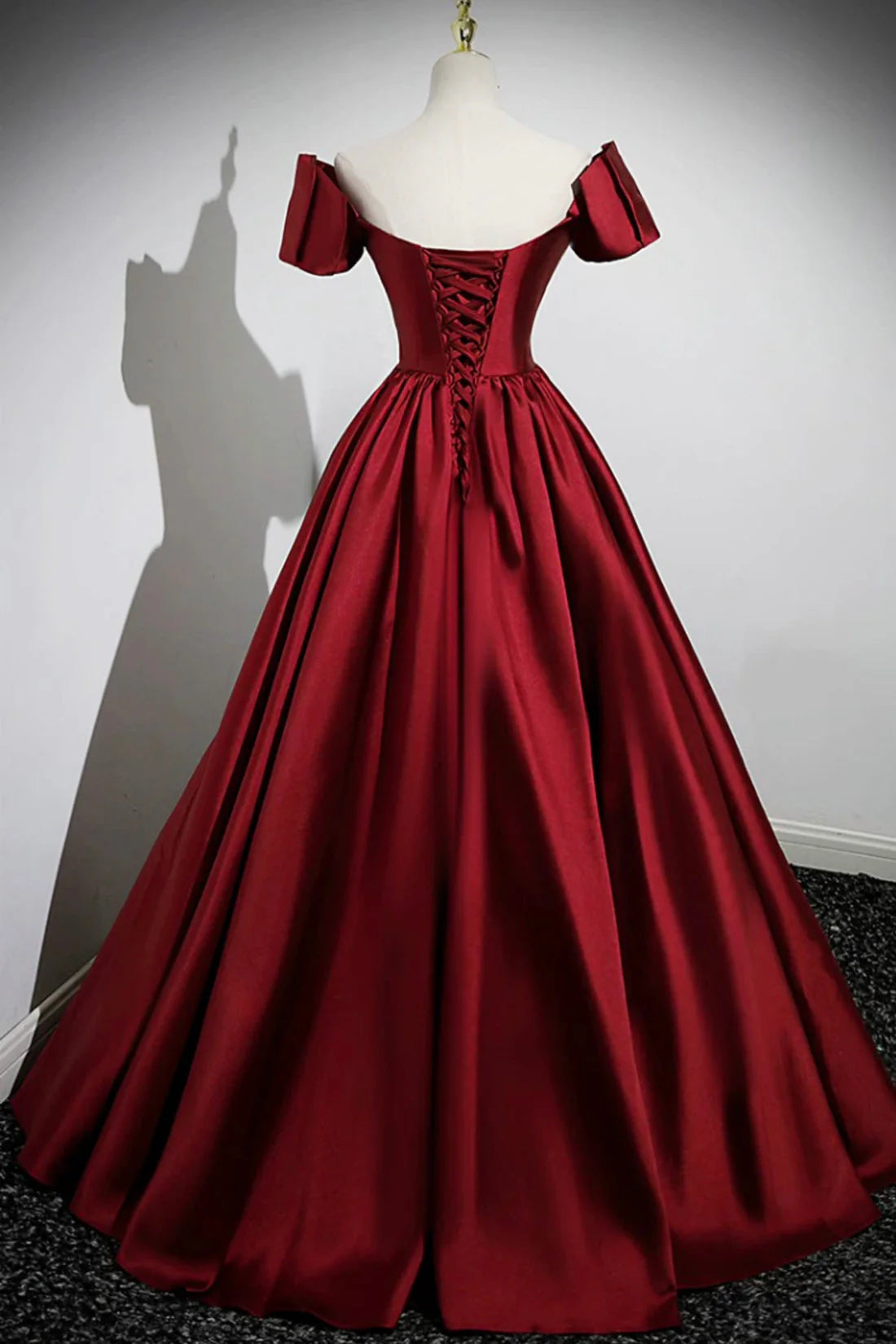 A-Line Burgundy Satin Floor Length Prom Dress Off the Shoulder New Party Dress simple gentle atmospheric and unique desi Bring summer colors to enhance white