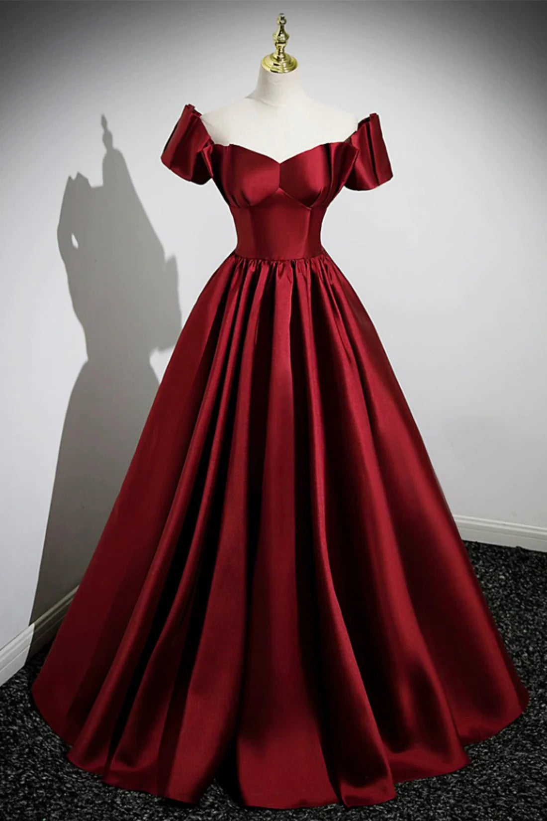 A-Line Burgundy Satin Floor Length Prom Dress Off the Shoulder New Party Dress simple gentle atmospheric and unique desi Bring summer colors to enhance white