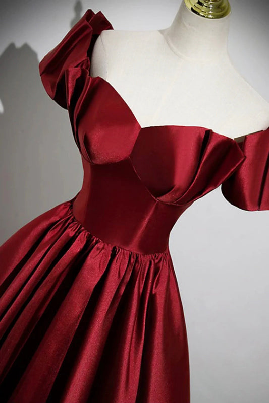 A-Line Burgundy Satin Floor Length Prom Dress Off the Shoulder New Party Dress simple gentle atmospheric and unique desi Bring summer colors to enhance white