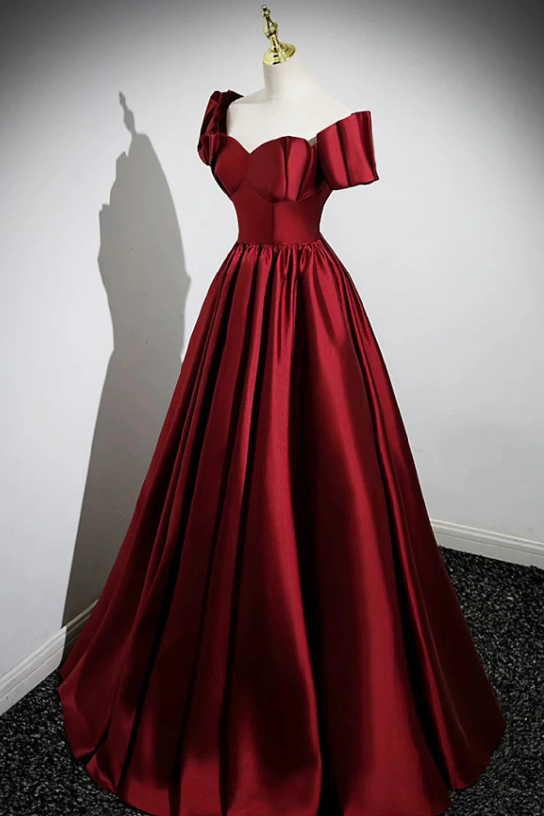 A-Line Burgundy Satin Floor Length Prom Dress Off the Shoulder New Party Dress simple gentle atmospheric and unique desi Bring summer colors to enhance white
