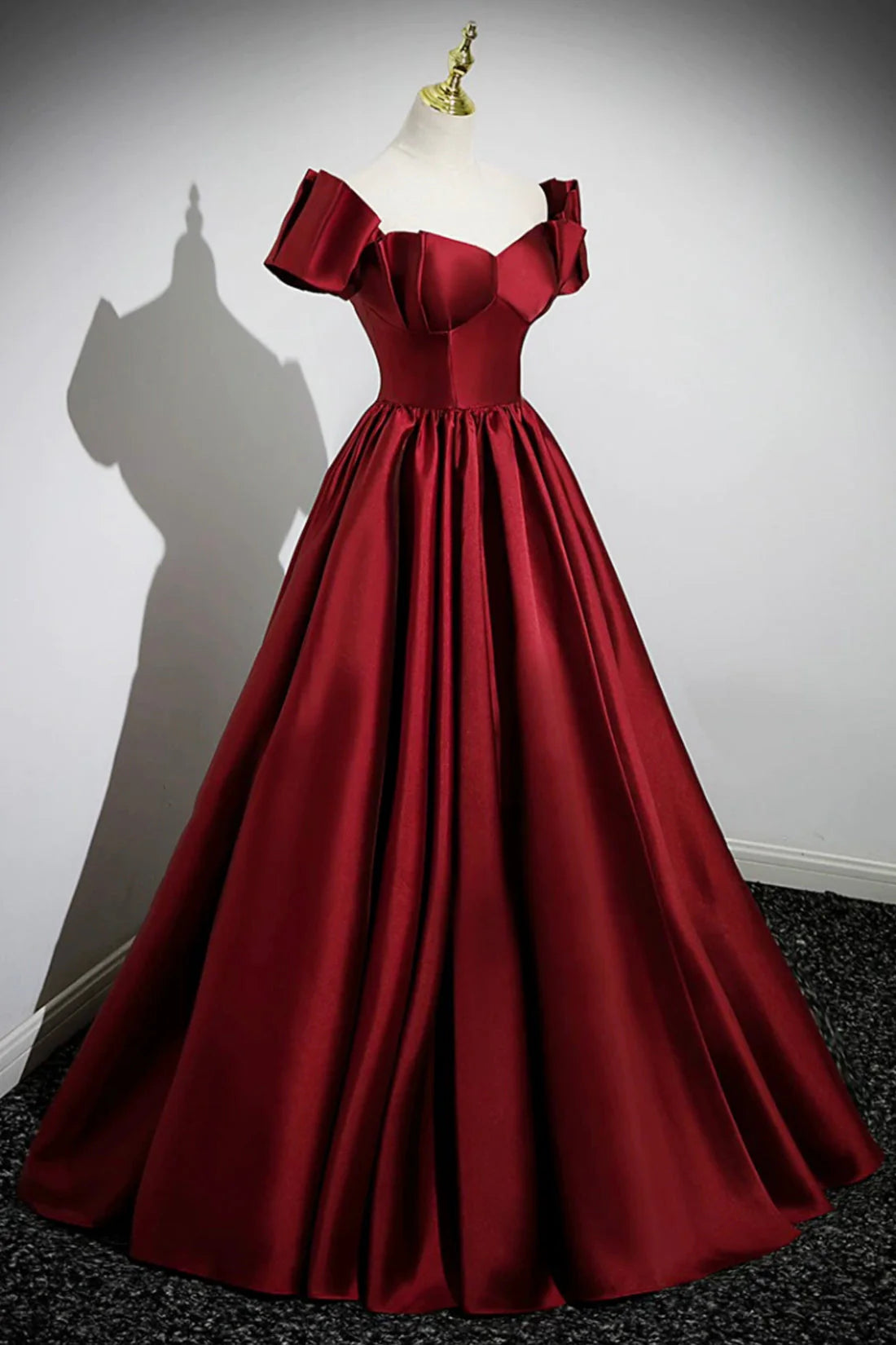 A-Line Burgundy Satin Floor Length Prom Dress Off the Shoulder New Party Dress simple gentle atmospheric and unique desi Bring summer colors to enhance white