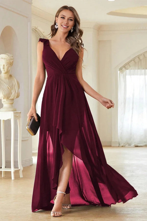 A-Line Burgundy V-Neck Chiffon High Low Prom Dress imple gentle atmospheric and unique desig