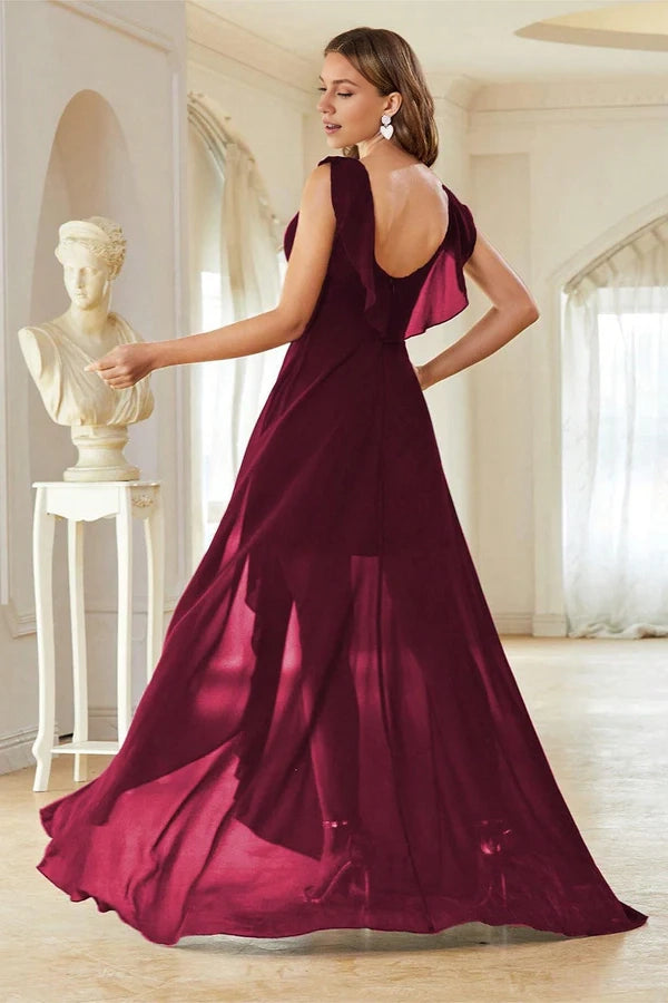 A-Line Burgundy V-Neck Chiffon High Low Prom Dress imple gentle atmospheric and unique desig