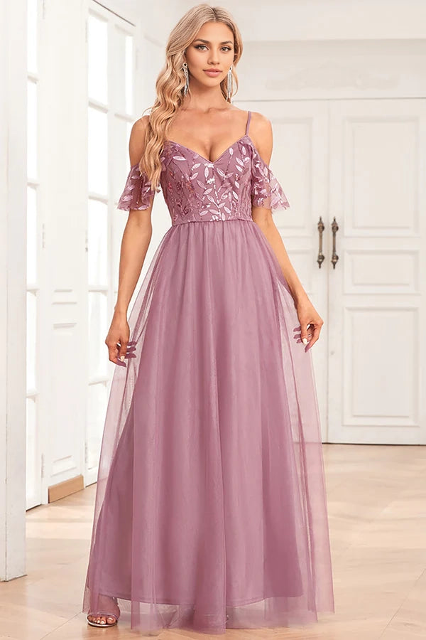 A-Line Cold Shoulder Dusty Rose Formal Dress simple gentle atmospheric and unique desi