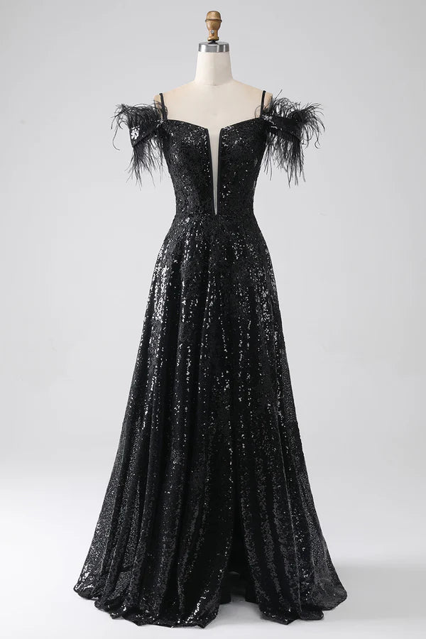 A-Line Cold Shoulder Sequins Long Prom Dress with Slit simple gentle atmospheric and unique desi