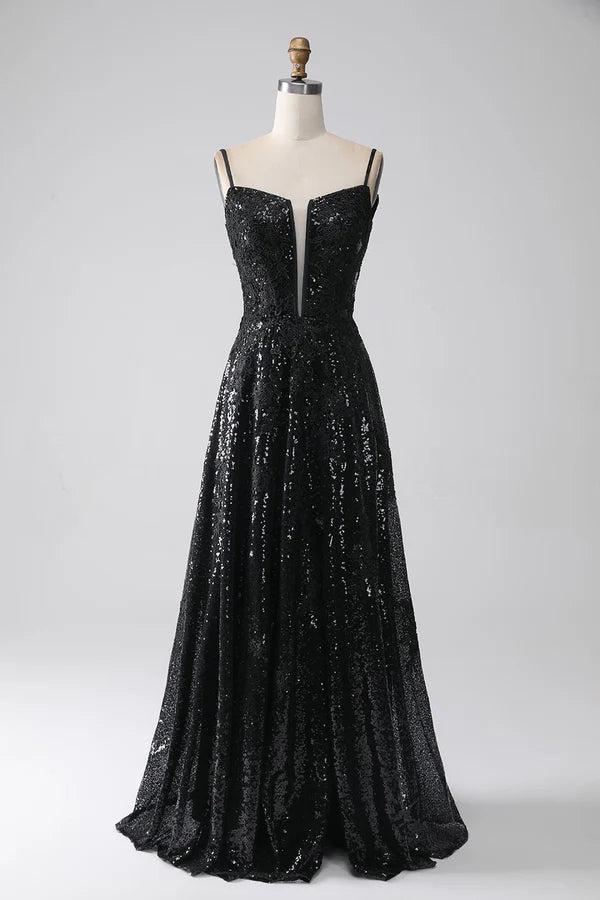 A-Line Cold Shoulder Sequins Long Prom Dress with Slit simple gentle atmospheric and unique desi