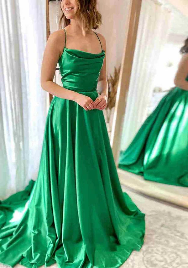 A-Line Cowl Neck Spaghetti Straps Sweep Train Charmeuse Prom Dress/Evening Dress With Split Pockets Pleated Simple gentle atmospheric and unique design