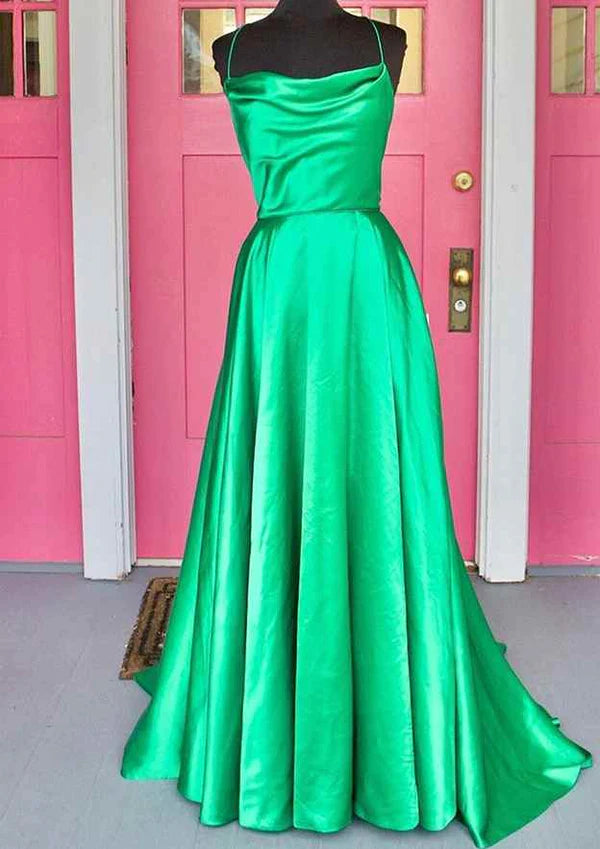 A-Line Cowl Neck Spaghetti Straps Sweep Train Charmeuse Prom Dress/Evening Dress With Split Pockets Pleated Simple gentle atmospheric and unique design