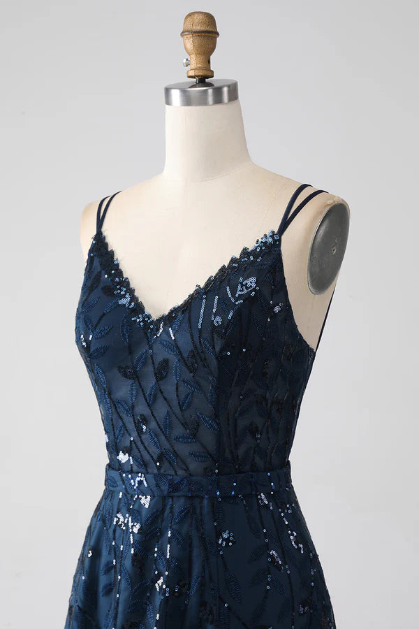 A-Line Dark Navy Spaghetti Straps Long Prom Dress with Slit simple gentle atmospheric and unique desi