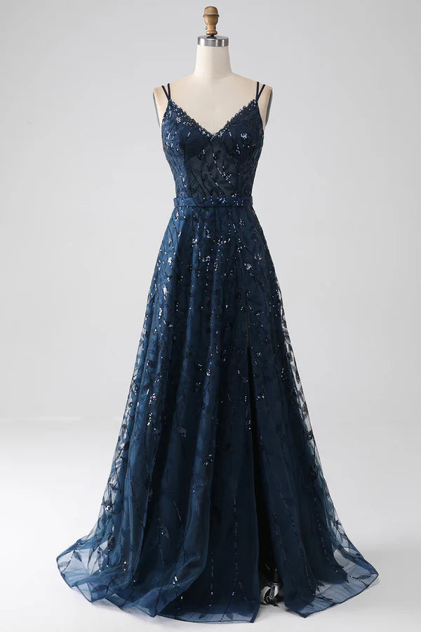 A-Line Dark Navy Spaghetti Straps Long Prom Dress with Slit simple gentle atmospheric and unique desi
