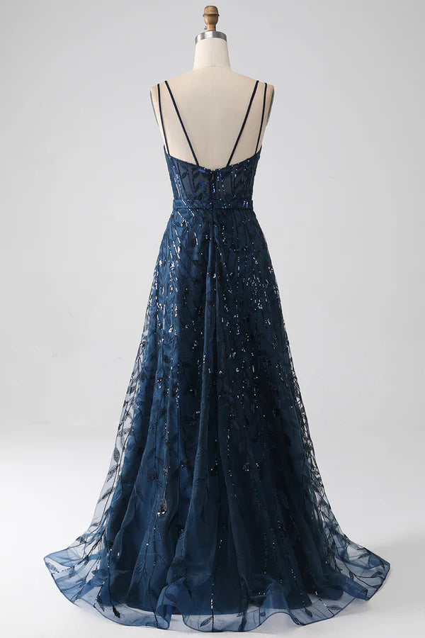 A-Line Dark Navy Spaghetti Straps Long Prom Dress with Slit simple gentle atmospheric and unique desi