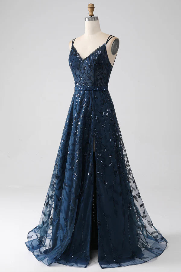 A-Line Dark Navy Spaghetti Straps Long Prom Dress with Slit simple gentle atmospheric and unique desi