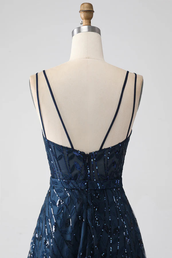 A-Line Dark Navy Spaghetti Straps Long Prom Dress with Slit simple gentle atmospheric and unique desi