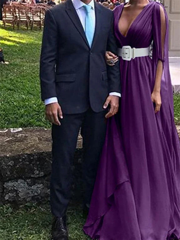 A-Line Floor Length Long Sleeve V Neck Wedding Guest Dresses Chiffon with Belt simple gentle atmospheric and unique desi Bring summer colors to enhance whiteness