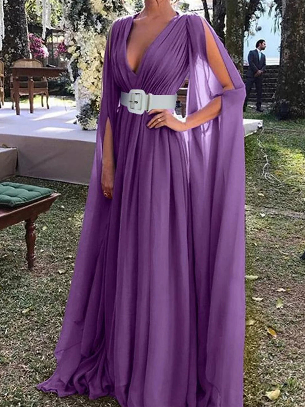 A-Line Floor Length Long Sleeve V Neck Wedding Guest Dresses Chiffon with Belt simple gentle atmospheric and unique desi Bring summer colors to enhance whiteness
