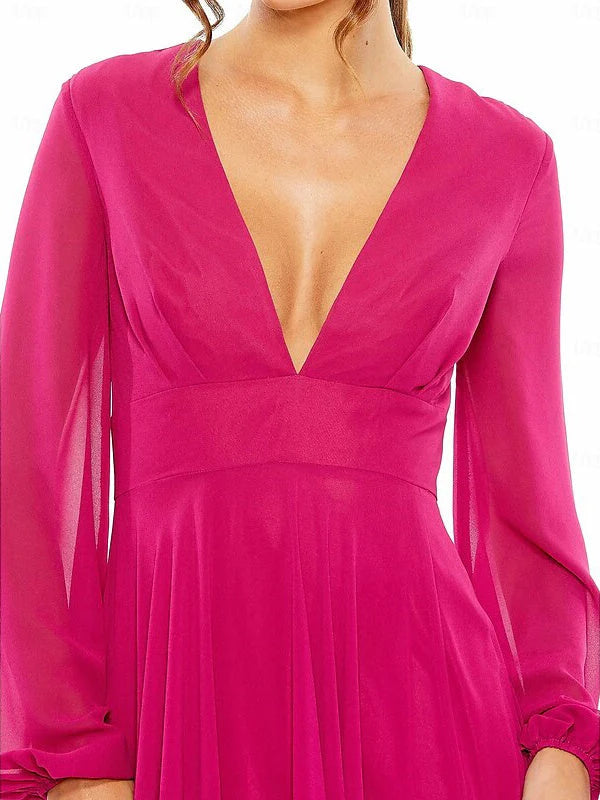 A-Line Floor Length Long Sleeve V Neck Wedding Guest Dresses Chiffon with Pleat simple gentle atmospheric and unique desi Bring summer colors to enhance whiteness