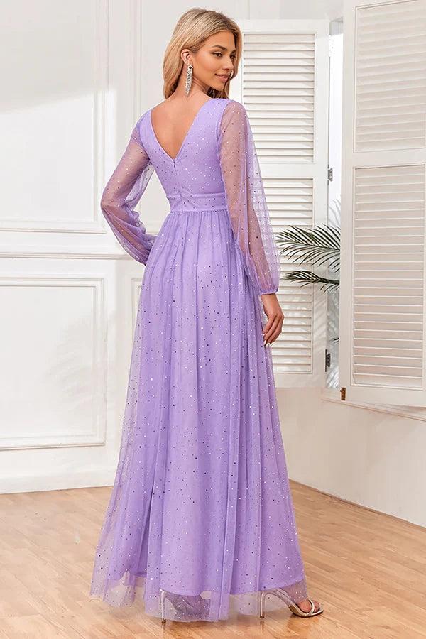 A-Line Long Sleeves Lilac Formal Dress with Slit simple gentle atmospheric and unique desi