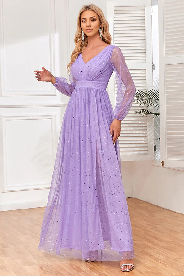 A-Line Long Sleeves Lilac Formal Dress with Slit simple gentle atmospheric and unique desi