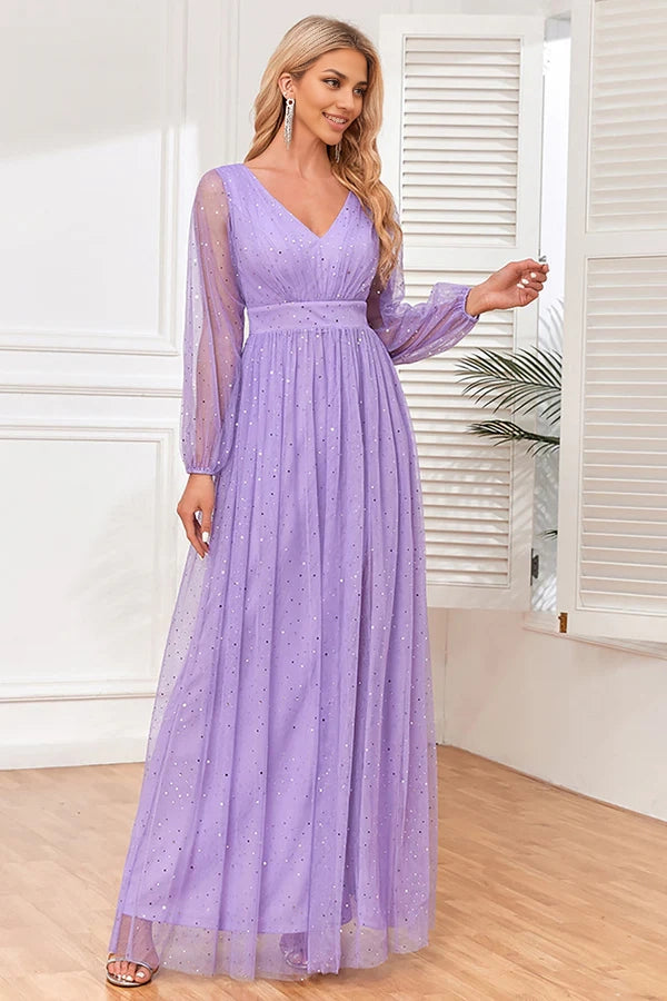 A-Line Long Sleeves Lilac Formal Dress with Slit simple gentle atmospheric and unique desi